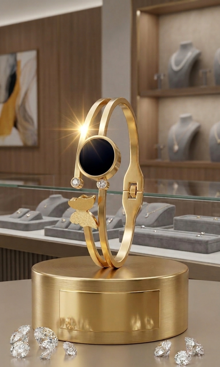 Elegant Gold & Onyx Butterfly Fusion Bangle